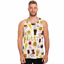 Load image into Gallery viewer, a man wearing the Beer Lovers Unisex Tank Top in white, which features an assortment of 10 beers printed all over the fabric.

