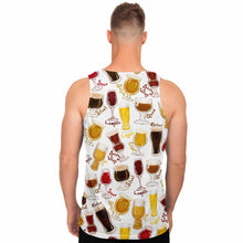 Load image into Gallery viewer, a man wearing the Beer Lovers Unisex Tank Top in white, which features an assortment of 10 beers printed all over the fabric.
