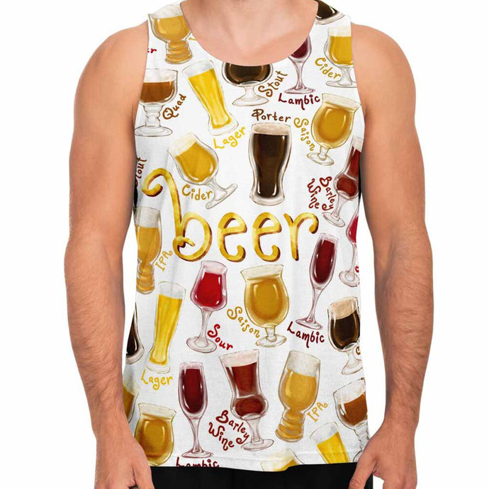 a man wearing the Beer Lovers Unisex Tank Top in white, which features an assortment of 10 beers printed all over the fabric.