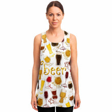 Load image into Gallery viewer, a woman wearing the Beer Lovers Unisex Tank Top in white, which features an assortment of 10 beers printed all over the fabric.
