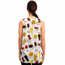 Load image into Gallery viewer, a woman wearing the Beer Lovers Unisex Tank Top in white, which features an assortment of 10 beers printed all over the fabric.
