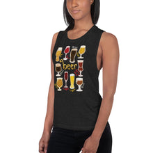 Load image into Gallery viewer, A woman is wearing the Beer Lovers Women&#39;s Muscle Tank Top in the colour black heather, printed with art of 10 different styles of beer in 10 different glasses.
