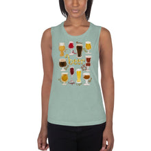 Load image into Gallery viewer, A woman is wearing the Beer Lovers Women&#39;s Muscle Tank Top in the colour dusty blue, printed with a graphic of 10 different styles of beer in 10 different glasses.
