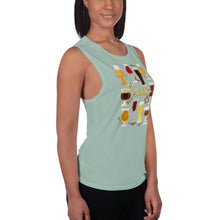 Load image into Gallery viewer, A woman is wearing the Beer Lovers Women&#39;s Muscle Tank Top in the colour dusty blue, printed with a graphic of 10 different styles of beer in 10 different glasses.
