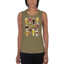 Load image into Gallery viewer, A woman is wearing the Beer Lovers Women&#39;s Muscle Tank Top in the colour heather olive green, printed with artwork of 10 different styles of beer in 10 different glasses.
