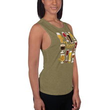 Load image into Gallery viewer, A woman is wearing the Beer Lovers Women&#39;s Muscle Tank Top in the colour heather olive green, printed with artwork of 10 different styles of beer in 10 different glasses.
