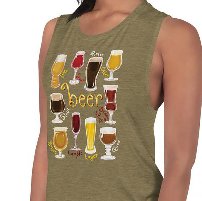 A woman is wearing the Beer Lovers Women's Muscle Tank Top in the colour heather olive green, printed with artwork of 10 different styles of beer in 10 different glasses.