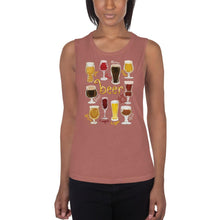 Load image into Gallery viewer, A woman is wearing the Beer Lovers Women&#39;s Muscle Tank Top in the colour mauve, printed with an illustration of 10 different styles of beer in 10 different glasses.

