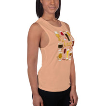 Load image into Gallery viewer, A woman is wearing the Beer Lovers Women&#39;s Muscle Tank Top in the colour peach, printed with a graphic of 10 different styles of beer in 10 different glasses.
