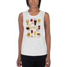 Load image into Gallery viewer, A woman is wearing the Beer Lovers Women&#39;s Muscle Tank Top in the colour white, printed with artwork of 10 different styles of beer in 10 different glasses.
