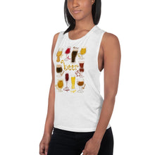 Load image into Gallery viewer, A woman is wearing the Beer Lovers Women&#39;s Muscle Tank Top in the colour white, printed with art of 10 different styles of beer in 10 different glasses.
