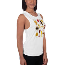 Load image into Gallery viewer, A woman is wearing the Beer Lovers Women&#39;s Muscle Tank Top in the colour white, printed with a graphic of 10 different styles of beer in 10 different glasses.
