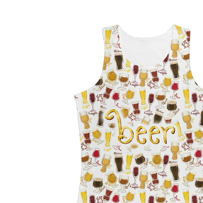 the beer lovers women performance tank top, featuring an all over print of 10 different styles of beers in 10 different glasses