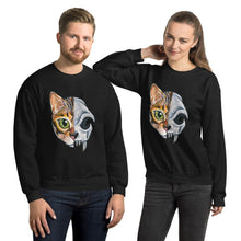 Load image into Gallery viewer, A man and woman are wearing a unisex sweatshirt in the colour black, printed with an illustration split into two: the left side features the face of a bengal cat, and the right side features an evil looking cat skull.
