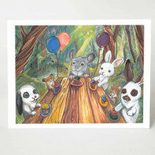 Load image into Gallery viewer, a greeting card of a birthday party in a forest: at a wooden table sits three rabbits, two hamsters and a chinchilla, each with their own cupcake

