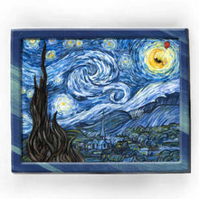 Load image into Gallery viewer, An art print of a recreation of Van Gogh&#39;s &quot;Starry Night&quot;. A black cat with a red balloon sits on the crescent moon.
