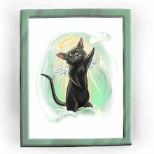 Load image into Gallery viewer, an art print featuring an illustration of a black cat with green eyes, halo and angel wings, standing up on clouds. it reaches up towards a small cloud above.
