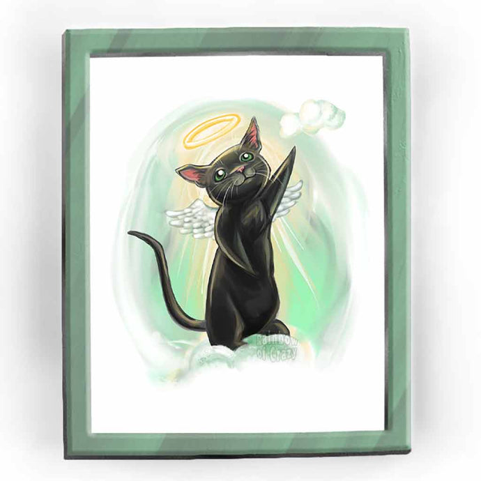 an art print featuring an illustration of a black cat with green eyes, halo and angel wings, standing up on clouds. it reaches up towards a small cloud above.