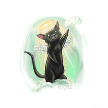 Load image into Gallery viewer, an art print featuring an illustration of a black cat with green eyes, halo and angel wings, standing up on clouds. it reaches up towards a small cloud above.

