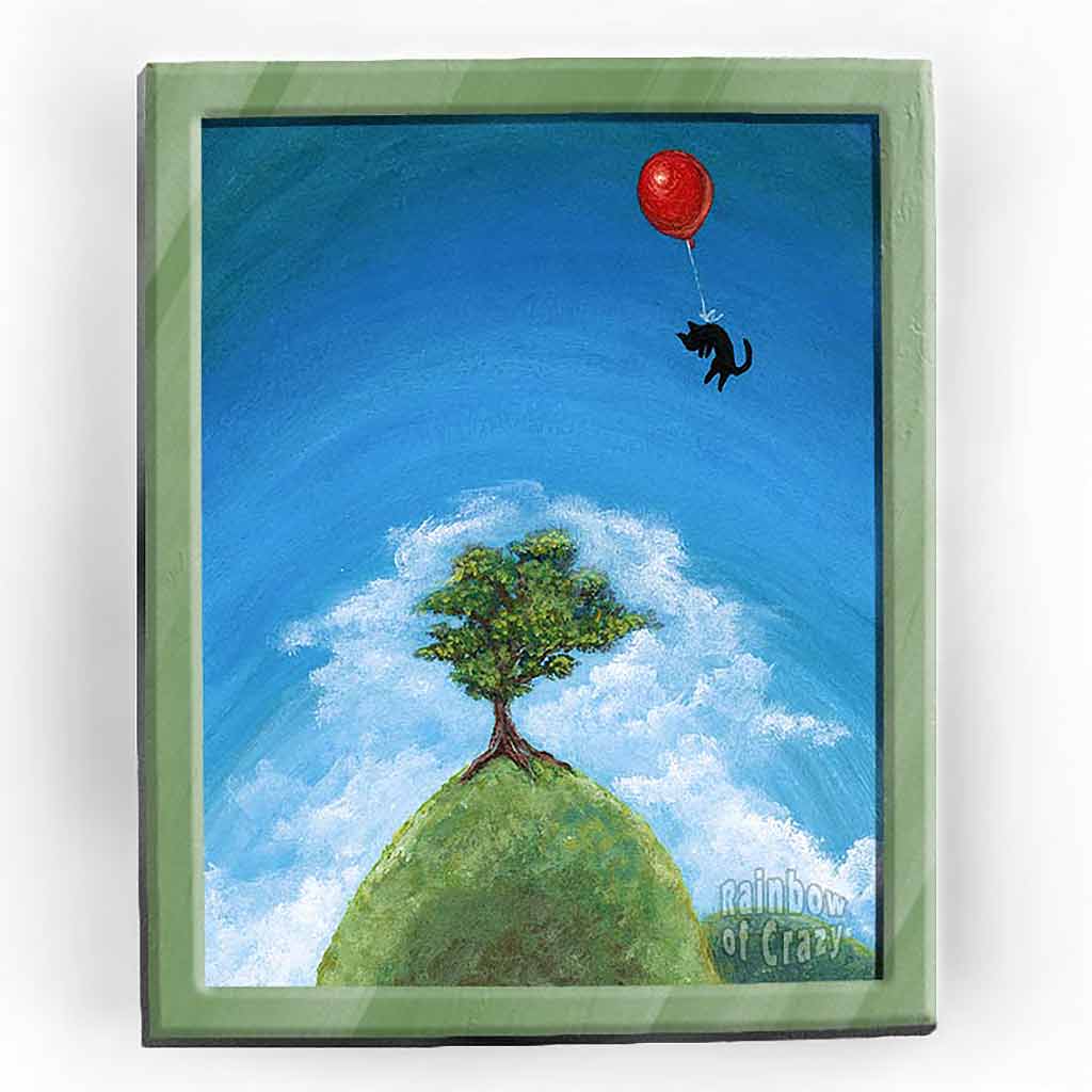 an illustration of a black cat with anres balloon, floating over a tree on a hill.