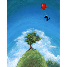 Load image into Gallery viewer, an illustration of a black cat with anres balloon, floating over a tree on a hill.
