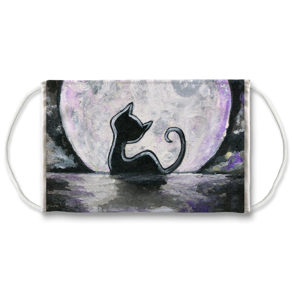 A reusable face mask, features art of a black cat in front of a full moon