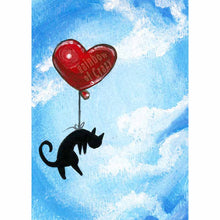 Load image into Gallery viewer, art print featuring an illustration of a black cat flying through a blue sky with a red, heart shaped balloon tied to its waist.
