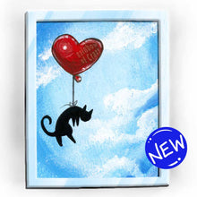 Load image into Gallery viewer, art print featuring an illustration of a black cat flying through a blue sky with a red, heart shaped balloon tied to its waist.
