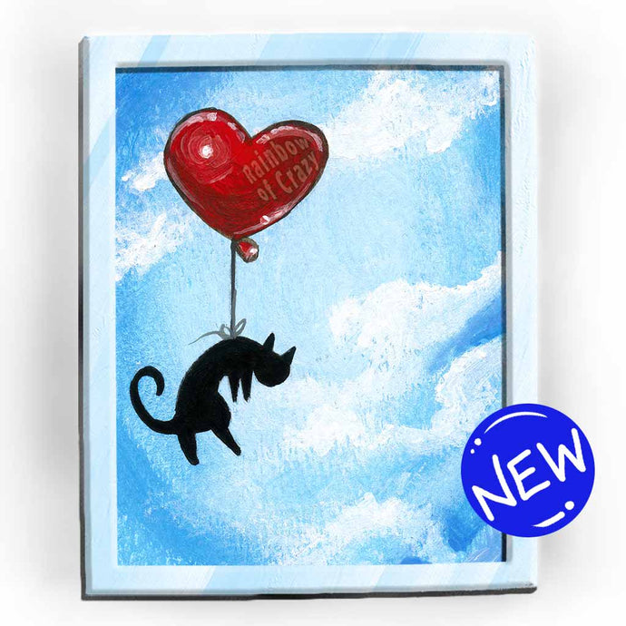 art print featuring an illustration of a black cat flying through a blue sky with a red, heart shaped balloon tied to its waist.