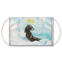 Load image into Gallery viewer, a white resuable face mask features art of a black ferret with angel wings and a halo, looking over the clouds
