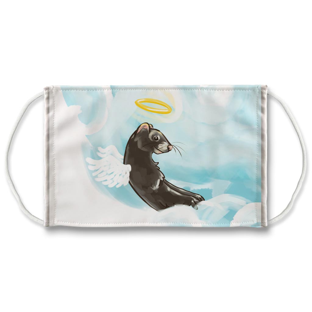 a white resuable face mask features art of a black ferret with angel wings and a halo, looking over the clouds
