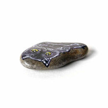 Load image into Gallery viewer, small rock art, hand painted with art of a black persian cat with yellow eyes
