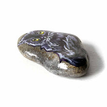 Load image into Gallery viewer, small rock art, hand painted with art of a black persian cat with yellow eyes
