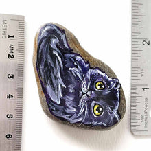 Load image into Gallery viewer, small rock art, hand painted with art of a black persian cat with yellow eyes
