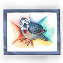 Load image into Gallery viewer, art print of a bleeding heart dove, wearing white shutter shades, against a rainbow background
