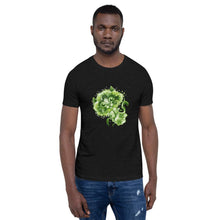 Load image into Gallery viewer, A man wears a unisex premium t-shirt in the colour black heather, featuring art of a broccoli cat. 
