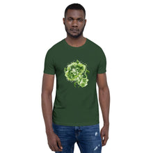 Load image into Gallery viewer, A man wears a unisex premium t-shirt in the colour forest green, featuring an illustration of a broccoli cat. 
