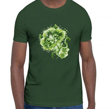 Load image into Gallery viewer, A man wears a unisex premium t-shirt in the colour forest green, featuring an illustration of a broccoli cat.
