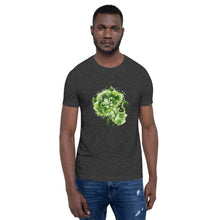 Load image into Gallery viewer, A man wears a unisex premium t-shirt in the colour grey heather, featuring an illustration of a broccoli cat. 
