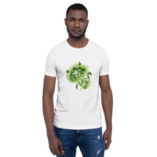 Load image into Gallery viewer, A man wears a unisex premium t-shirt in the colour white, featuring an illustration of a broccoli cat. 
