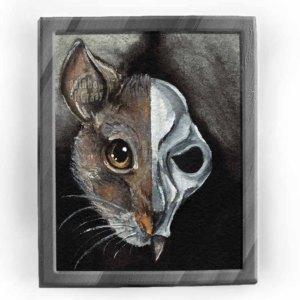 an illustration split into two sides: it features half of a brown rat's face on the left side, and a rat skull on the right side