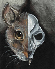 Load image into Gallery viewer, an illustration split into two sides: it features half of a brown rat&#39;s face on the left side, and a rat skull on the right side
