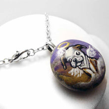 Load image into Gallery viewer, small rock art featuring a painting of an english bulldog painted as an angel in the clouds. available as a keepsake or necklace
