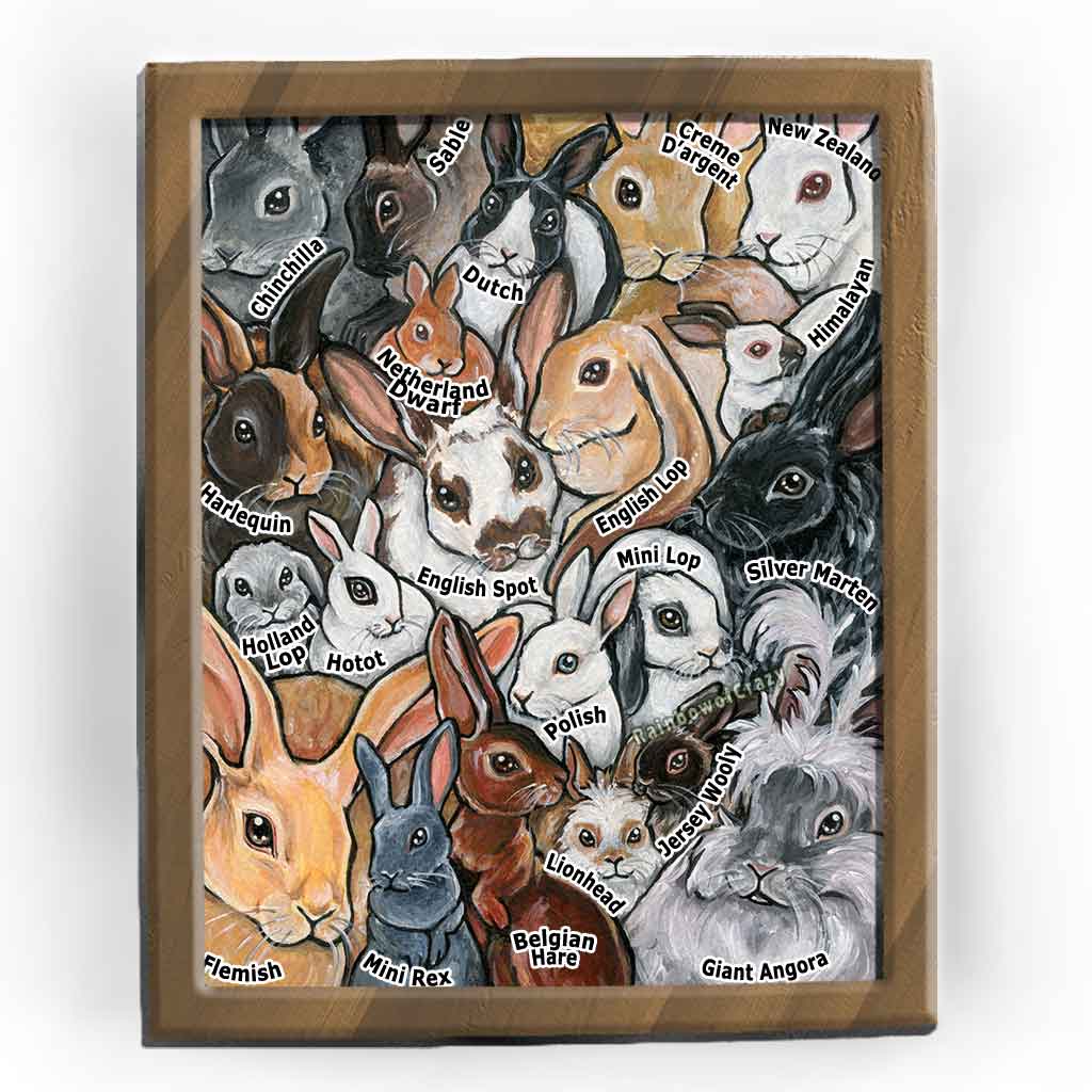 and art print featuring an illustrated collage of several different rabbit breeds, along with their names