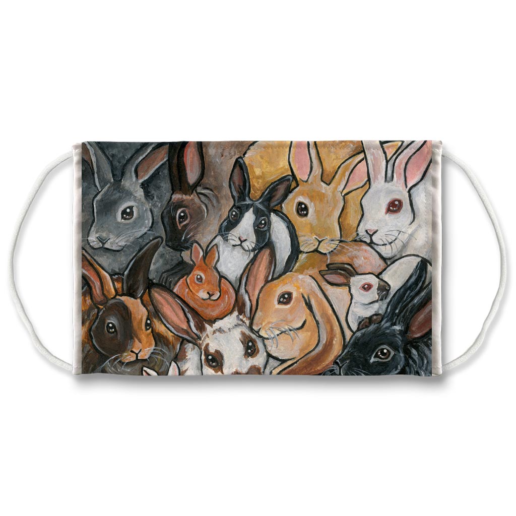 A reusable mask features art of many different types of rabbit breeds