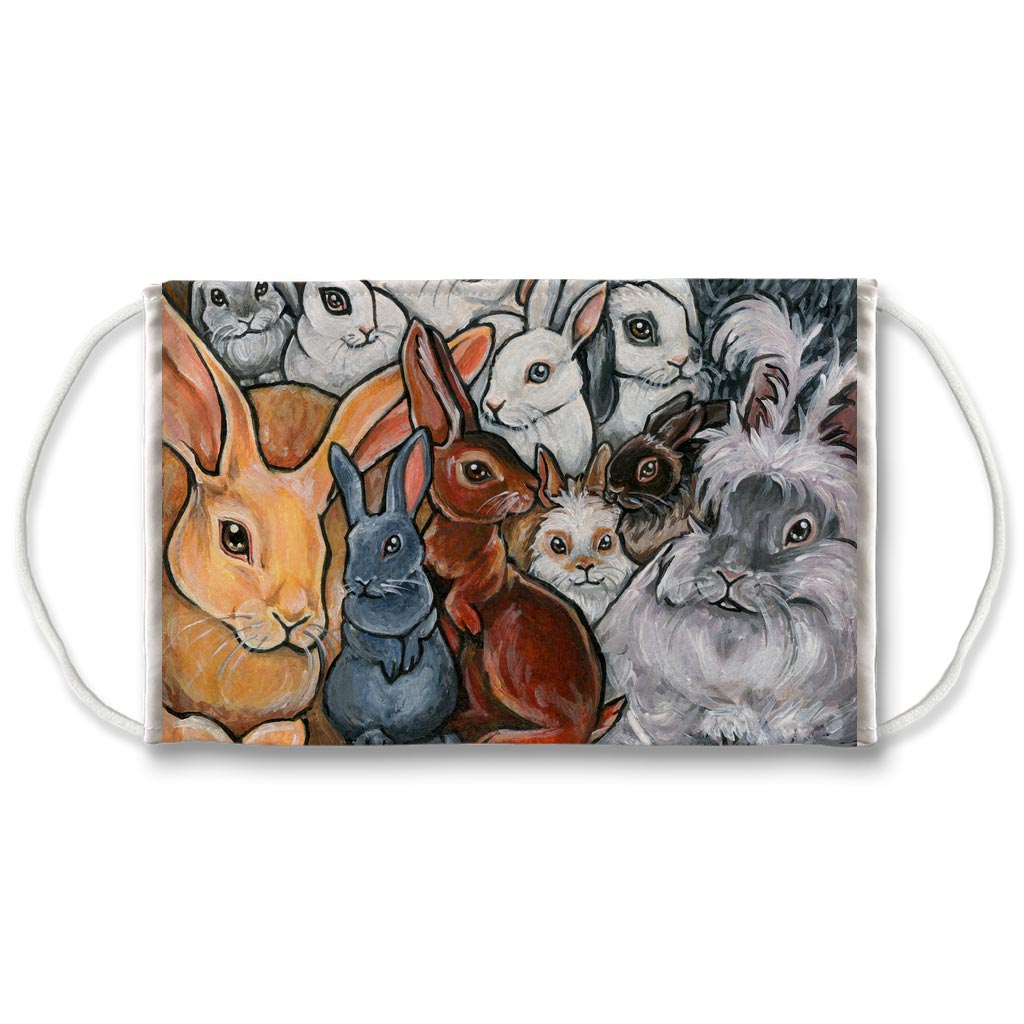 A reusable mask features art of many different types of rabbit breeds