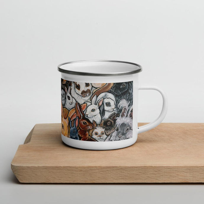 A 12 oz white enamel mug features art of several different bunny rabbit breeds