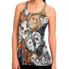 Load image into Gallery viewer, A woman is wearing the Bunny Lovers Racerbank Tank Top, printed with art of several different rabbit breeds. 
