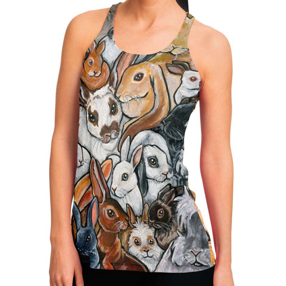 A woman is wearing the Bunny Lovers Racerbank Tank Top, printed with art of several different rabbit breeds. 