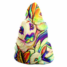 Load image into Gallery viewer, a woman wears the Bunny Lovers Rainbow Hooded Blanket
